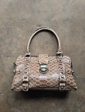 GUESS Y2K Vintage Monogram Croc Trim Buckle Handbag Brown Shoulder Bag